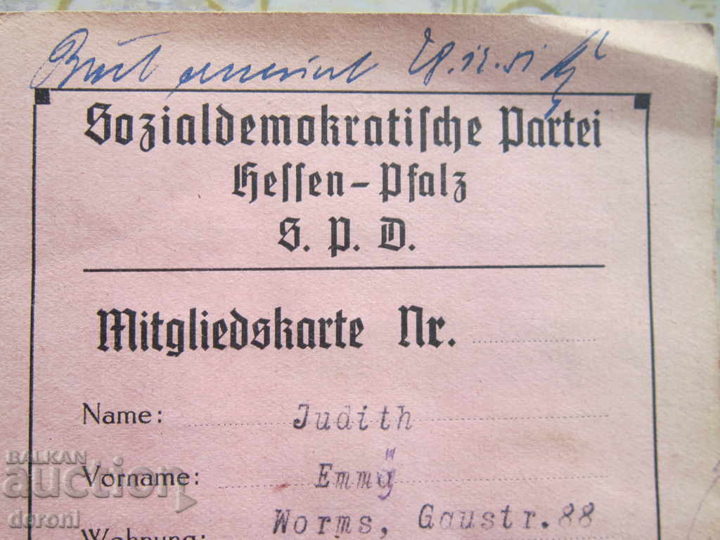 German Party Membership Card 1948 SPD with price 25.00 BGN | € 12.78 German Party Membership Card 1948 SPD with price 25.00 BGN | € 12.78