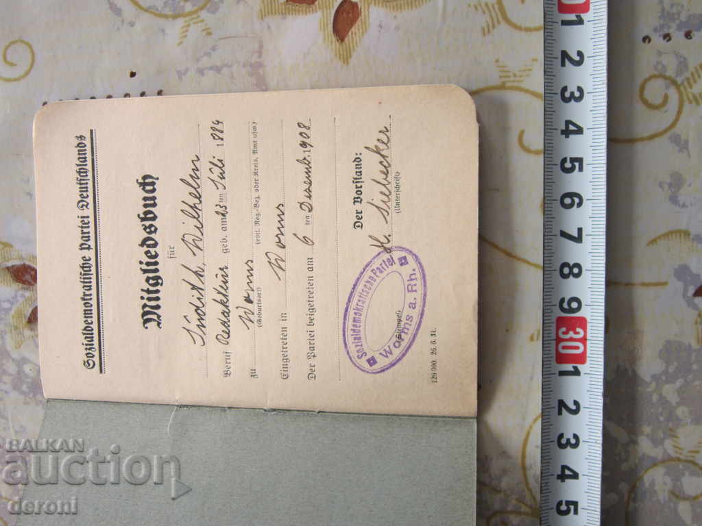 German Party Membership Card 1908 SPD Third Reich with price 85.00 BGN | € 43.46