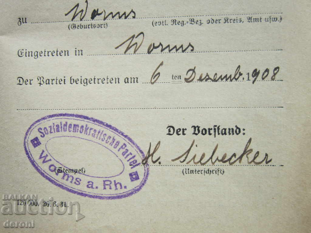 German Party Membership Card 1908 SPD Third Reich - 7