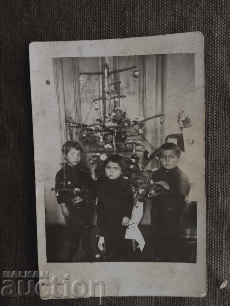 Copii în fața unui pom de Crăciun
