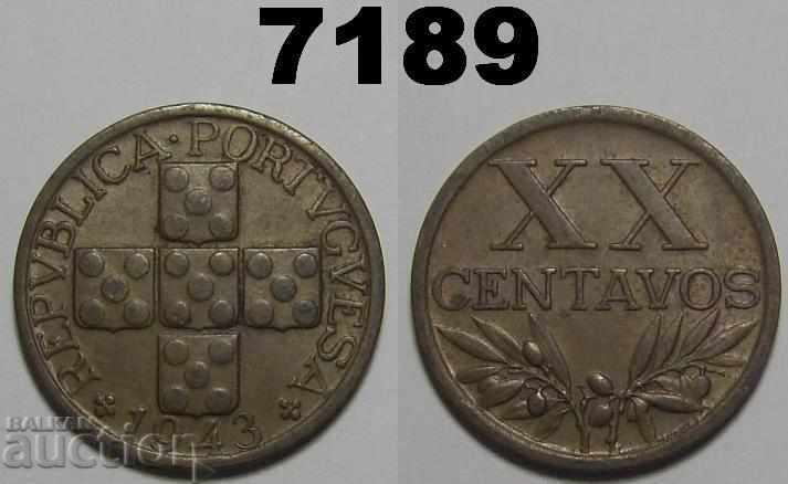 Португалия 20 центавос 1943 XF+ рядка монета