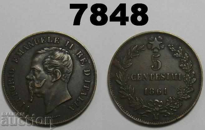 Италия 5 центесими 1861 М XF монета