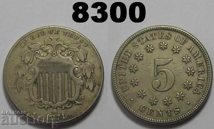САЩ 5 цента 1874 XF Shield Nickel монета