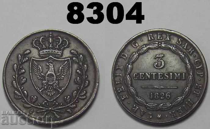 Sardinia 3 cents 1826 MV-L XF Italy excellent coin