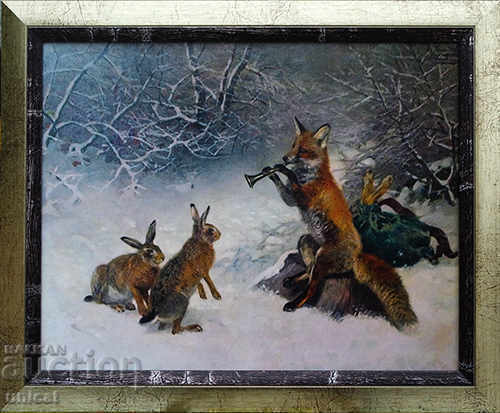 Fox charms rabbits. A humorous picture about hunters. Fox charms rabbits. A humorous picture about hunters.