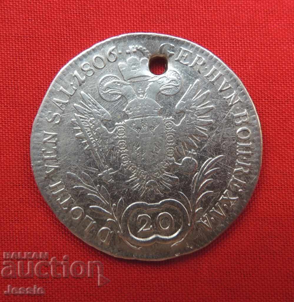 20 кройцера Австроунгария 1806 D сребро - Франц II