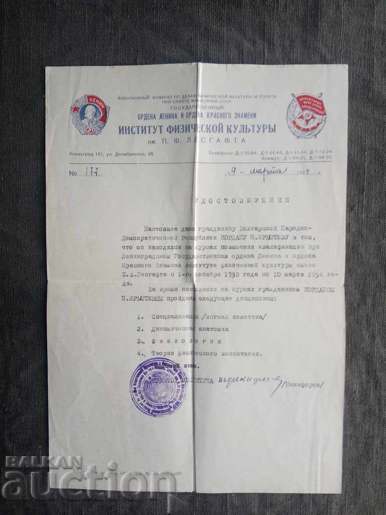 Certificate Институт физической культуры им. P. Lesgaftta