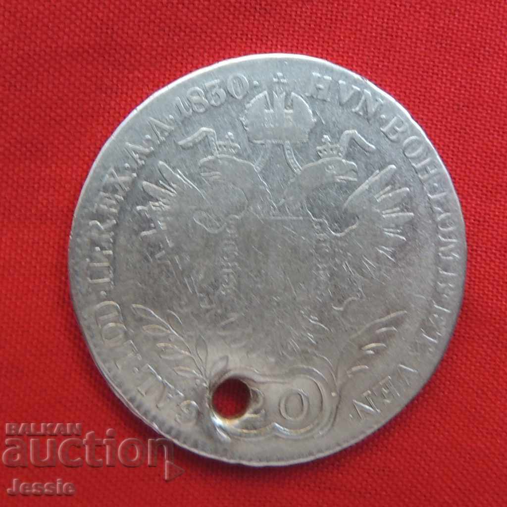20 кройцера Австроунгария 1830 B  сребро - Франц II
