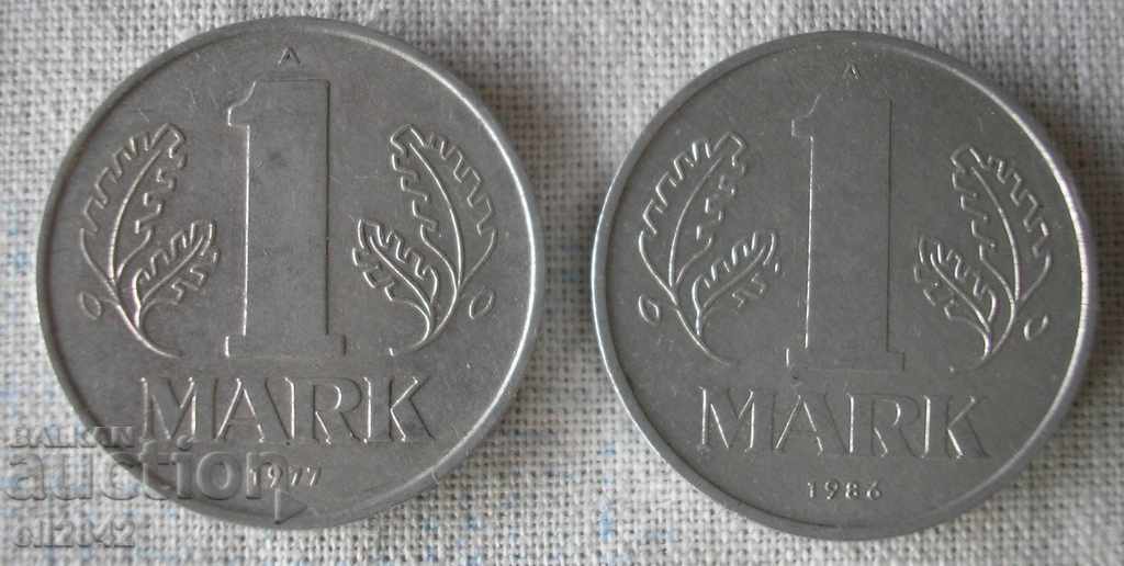 1 марка ГДР 1977 - 1986 г. - 2 бр.