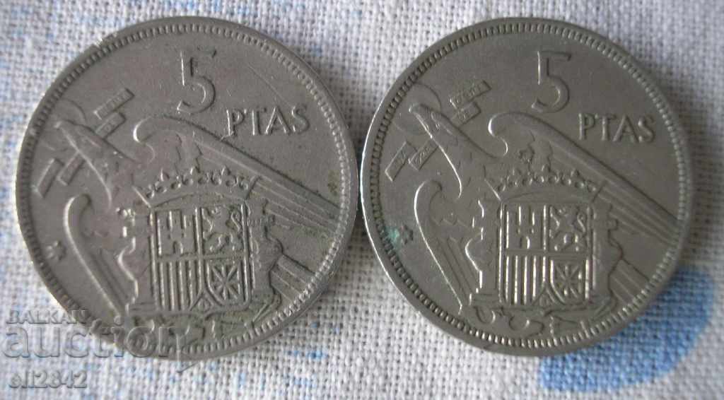 5 pesetas Spania 1957/5 ptas - 2 buc.