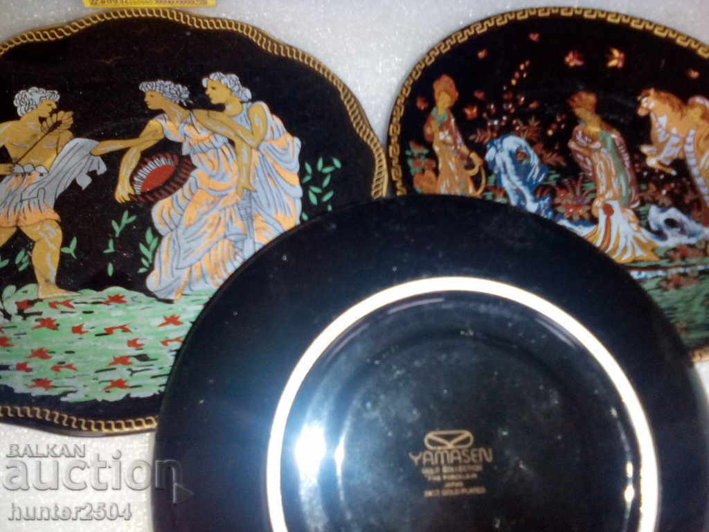 3 farfurii, portelan JAPONA scene antice din aur 24k, diam 150mm.
