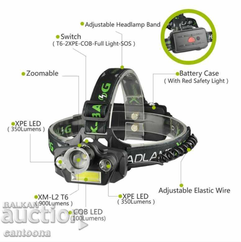 Antet X-BALOG BL-T44 cu LED-uri 1 buc. XM-L2 T6, 2 LED-uri Q5 și COB
