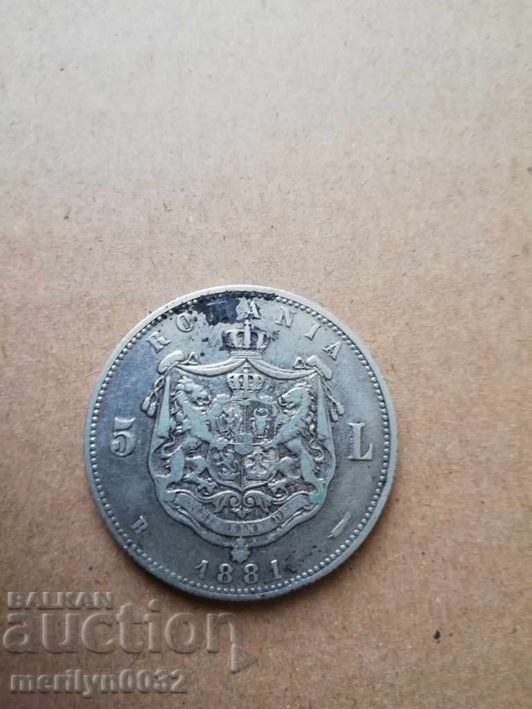 Coin 5 lei silver Carol 1881 year RED