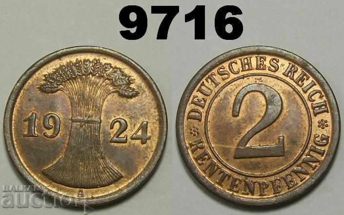 Германия 2 рентен пфенига 1924-А UNC монета