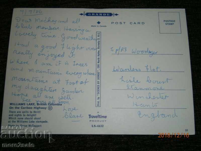 Card - WILLIAMS LAKE - CANADA - TRAVEL CANADA ENGLAND with price 0.40 BGN | € 0.20