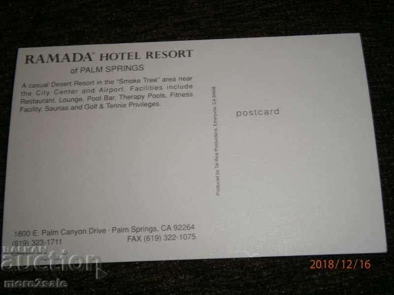 Card - RAMADA HOTEL RESORT - PALM SPRINGS - CANADA with price 0.60 BGN | € 0.31 Card - RAMADA HOTEL RESORT - PALM SPRINGS - CANADA with price 0.60 BGN | € 0.31