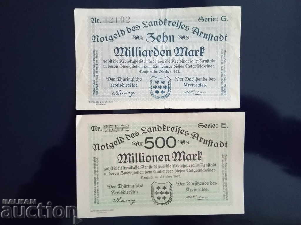 Τραπεζογραμμάτια της Γερμανίας 10 και 500 εκατομμύρια ARNHADAD 10.1923γ. VF