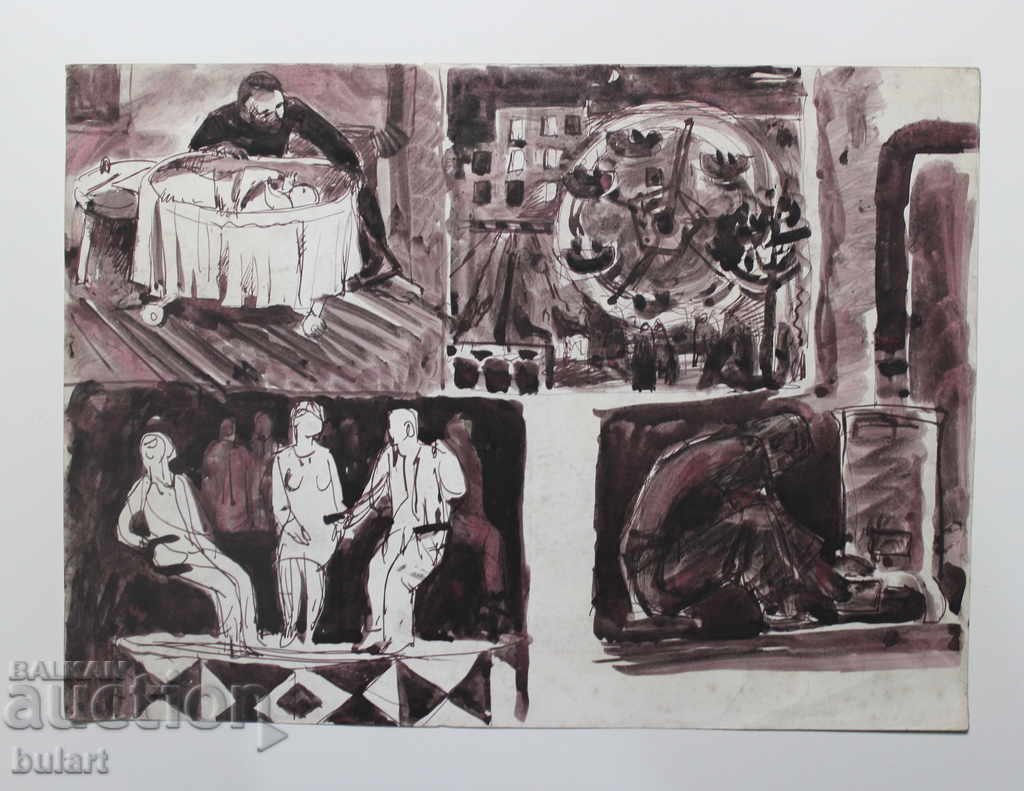 Orginal Painting Atanas Yaranov "4 scenes" Touche Unframed