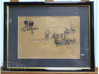 Picture Alexander Mutafov "Boats" Pencil Signed Frame