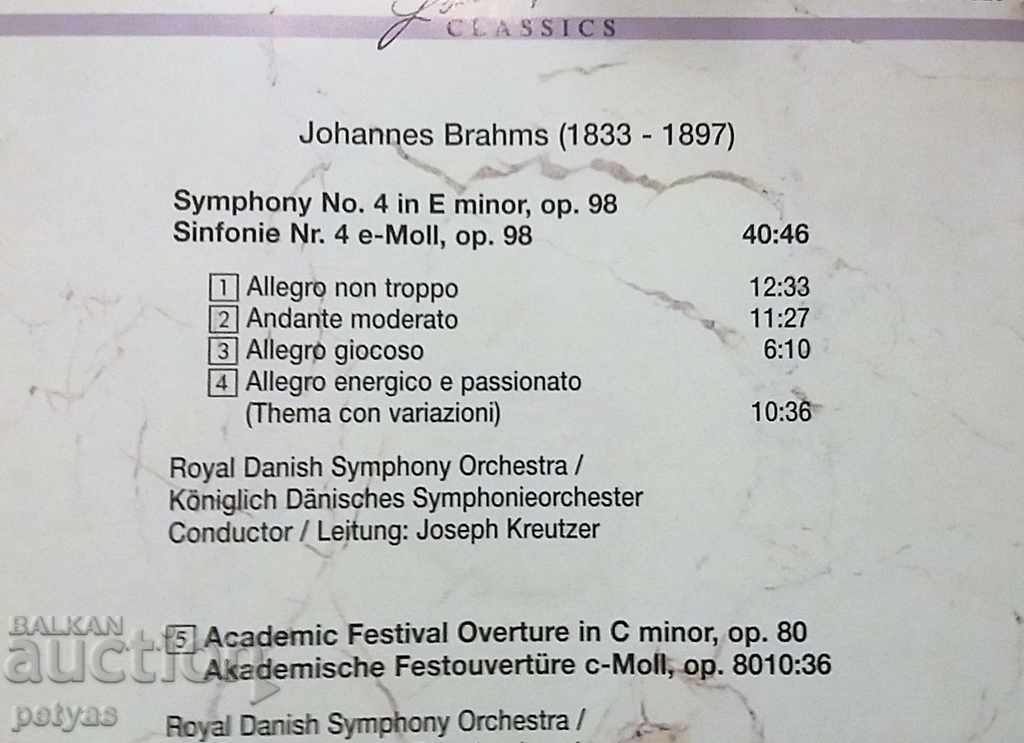 Auction CD - JOHANNES BRAHMS 'SYMPHONY No 4 - CD Auction CD - JOHANNES BRAHMS 'SYMPHONY No 4 - CD