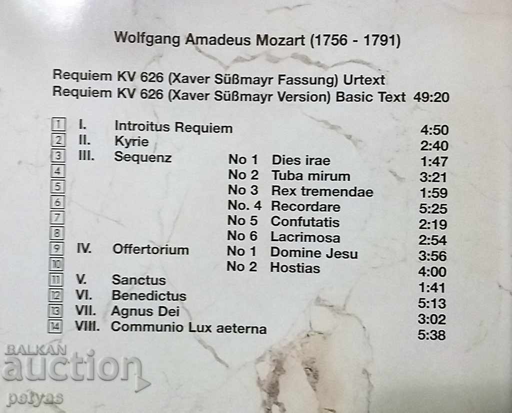 Auction Wolfgang Amadeus Mozart 'Requiem KV 626' - CD Auction Wolfgang Amadeus Mozart 'Requiem KV 626' - CD