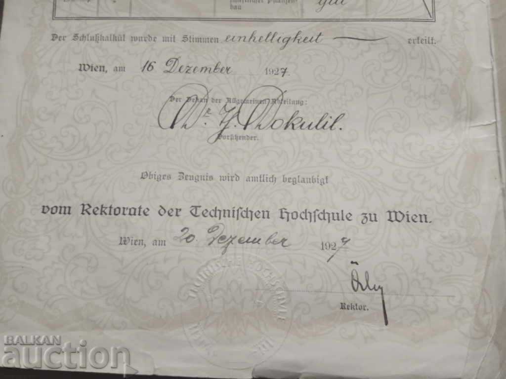 Auction Certificate of Examination Technical School Vienna 1927 Auction Certificate of Examination Technical School Vienna 1927