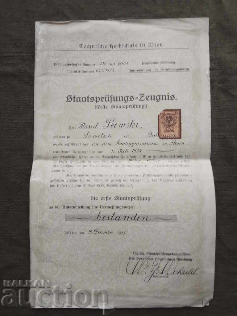 Certificat de examinare Școala Tehnică Viena 1927