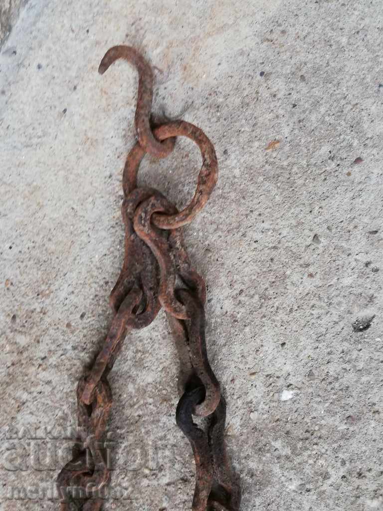 Auction Old forged chain with hook, hearth for hearth chain hook Auction Old forged chain with hook, hearth for hearth chain hook