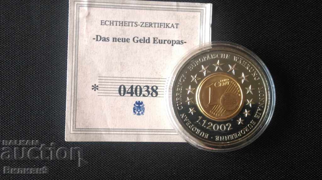 Medalie: „Monedă europeană” 1.1.2002 + 1 Eurocent