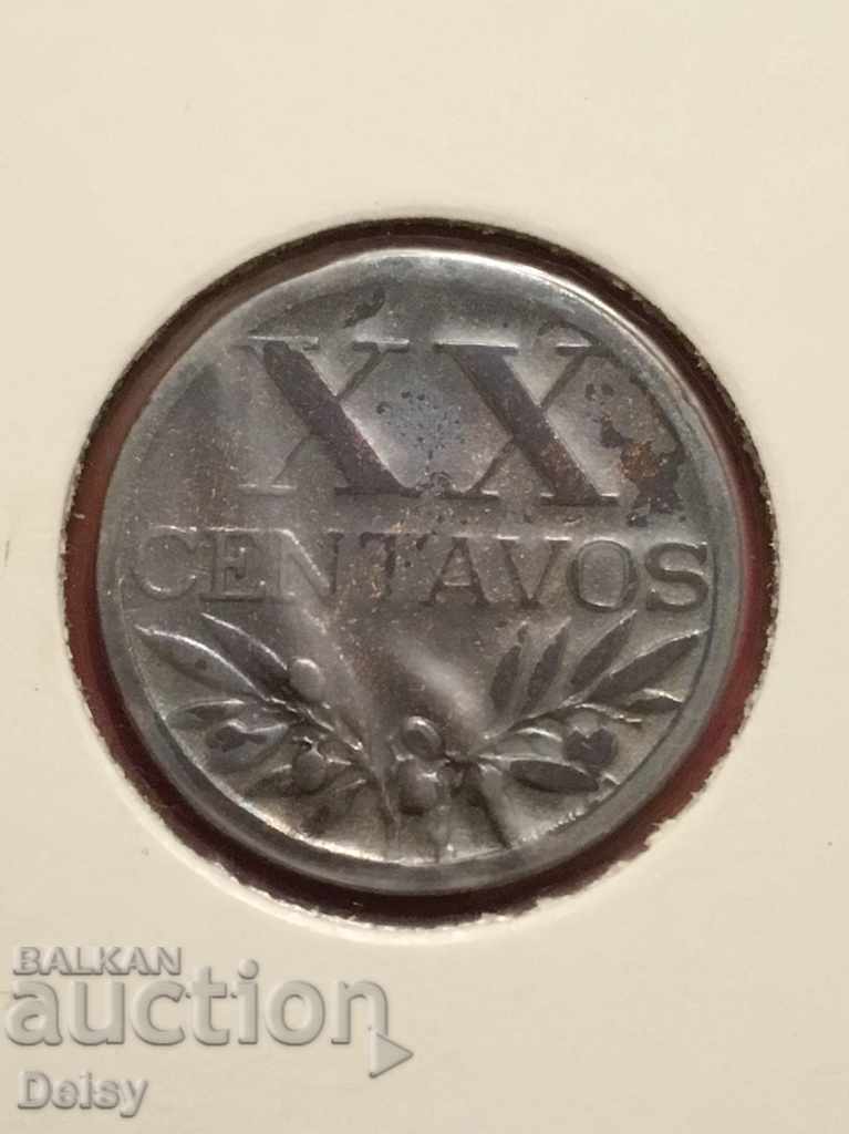 Португалия 20 центавос 1943г.