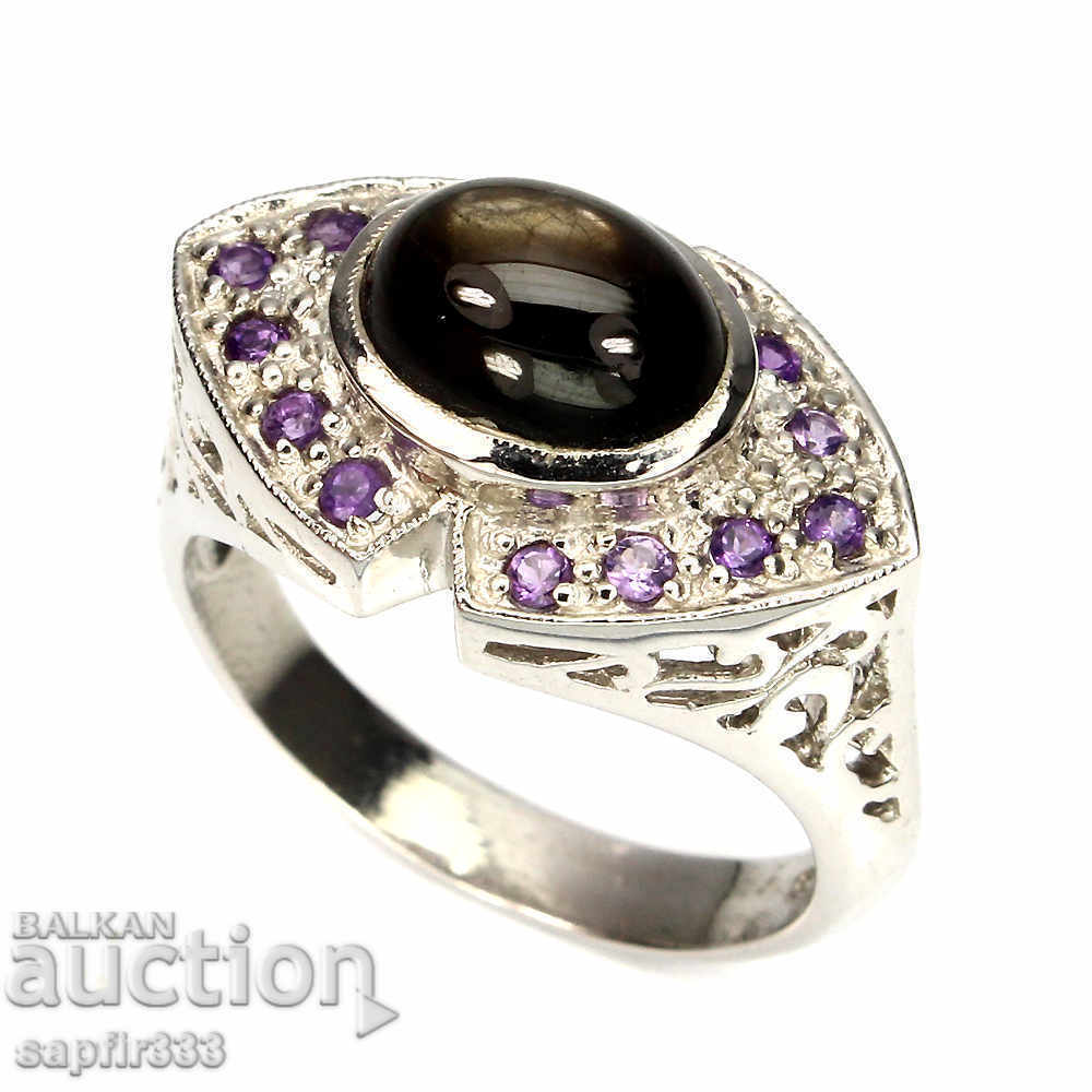 SILVER RING WITH NATURAL BLACK Sapphire STAR AND AMETITIS with price 477.00 BGN | € 243.89 SILVER RING WITH NATURAL BLACK Sapphire STAR AND AMETITIS with price 477.00 BGN | € 243.89