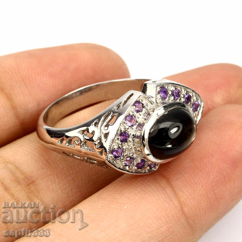 Auction SILVER RING WITH NATURAL BLACK Sapphire STAR AND AMETITIS Auction SILVER RING WITH NATURAL BLACK Sapphire STAR AND AMETITIS