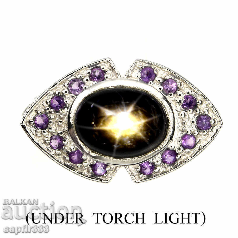 SILVER RING WITH NATURAL BLACK Sapphire STAR AND AMETITIS