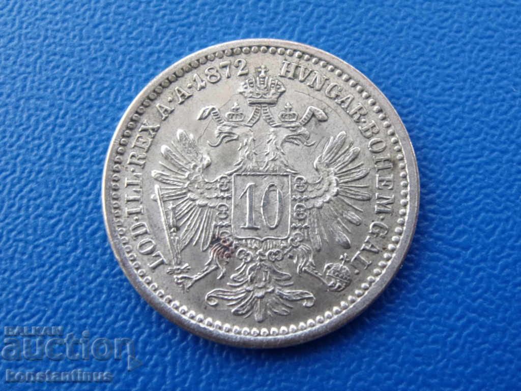 Austro-Hungry 10 Cricket 1872 Silver UNC Rare