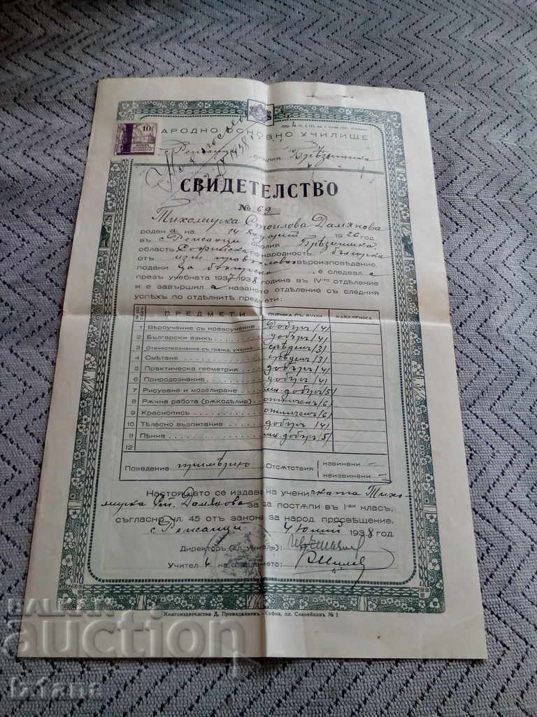 Certificat de completare a patra secție 1938