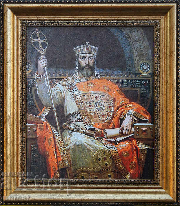 King Simeon on a throne, Dimitar Gyuzhenov, picture with frame
