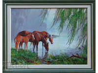 By the willows, horses, picture with frame