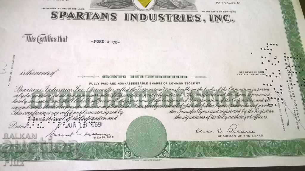 Share certificate Spartans Industries, INC. | 1969 with price 18.00 BGN | € 9.20 Share certificate Spartans Industries, INC. | 1969 with price 18.00 BGN | € 9.20