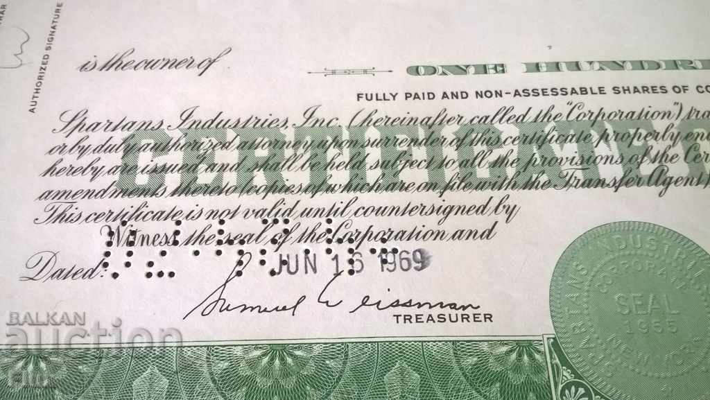 Auction Share certificate Spartans Industries, INC. | 1969 Auction Share certificate Spartans Industries, INC. | 1969