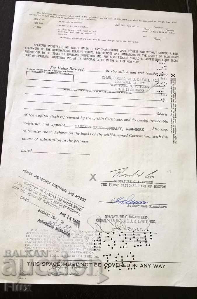 Delivery of Share certificate Spartans Industries, INC. | 1969 Delivery of Share certificate Spartans Industries, INC. | 1969