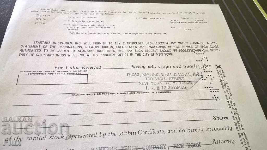 Share certificate Spartans Industries, INC. | 1969 - 5 Share certificate Spartans Industries, INC. | 1969 - 5