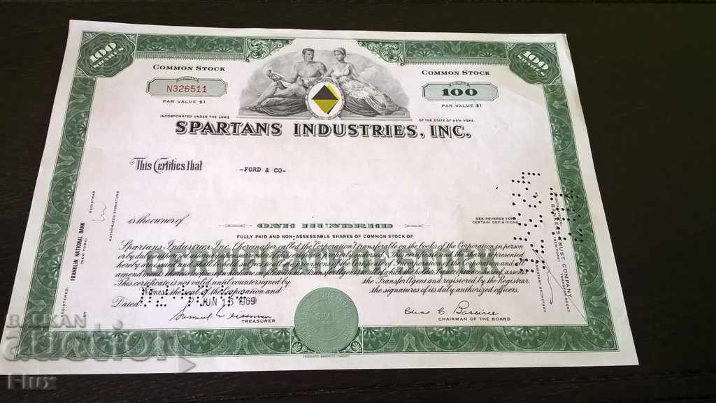 Сертификат за акции | Spartans Industries, INC. | 1969г.