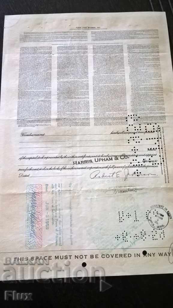 Delivery of Share certificate Food Fair Stores, INC. | 1958