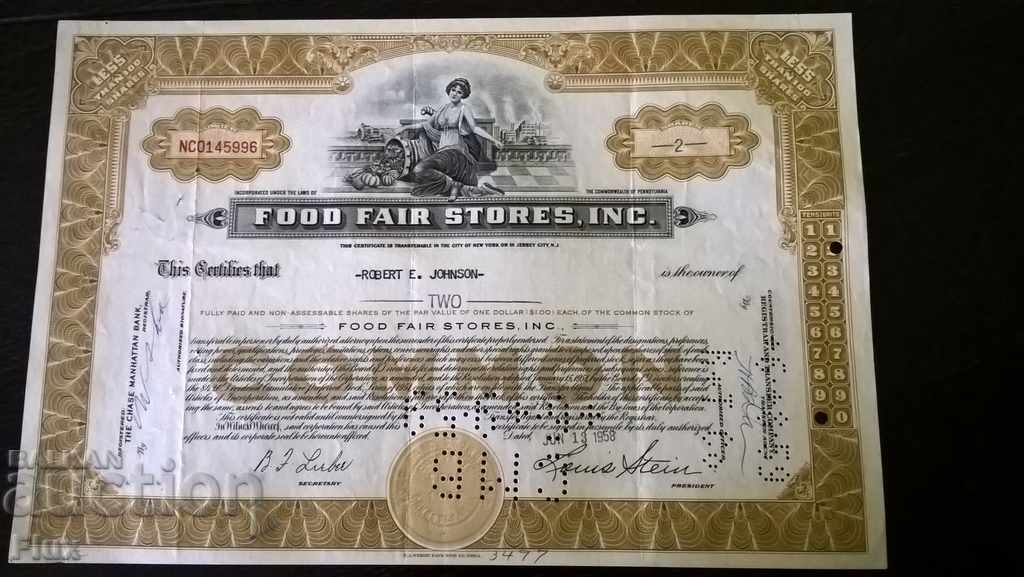 Сертификат за акции | Food Fair Stores, INC. | 1958г.