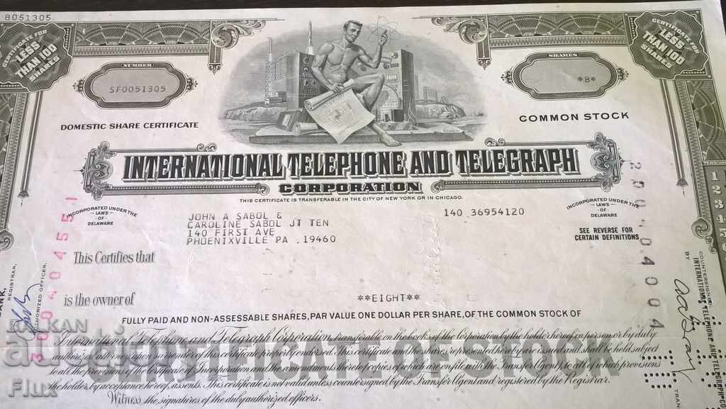 Share certificate Internat.Tel. & Telegr.Corp. | 1968 with price 17.00 BGN | € 8.69 Share certificate Internat.Tel. & Telegr.Corp. | 1968 with price 17.00 BGN | € 8.69