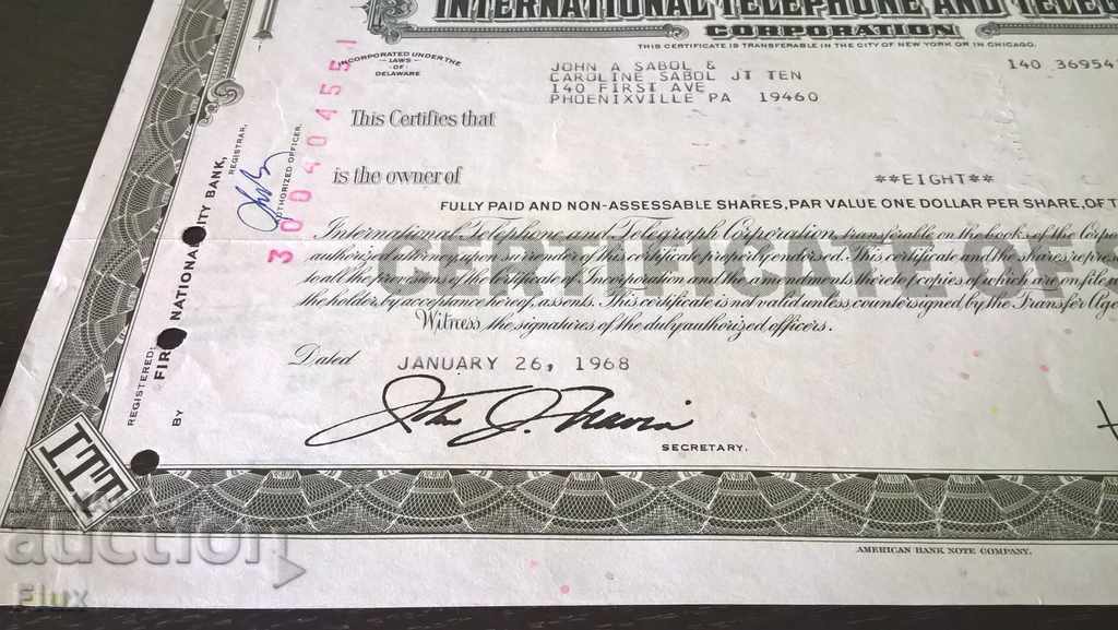 Auction Share certificate Internat.Tel. & Telegr.Corp. | 1968 Auction Share certificate Internat.Tel. & Telegr.Corp. | 1968