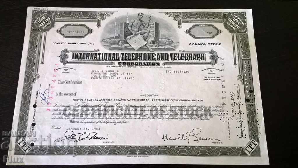 Сертификат за акции | Internat.Tel.& Telegr.Corp. | 1968г.