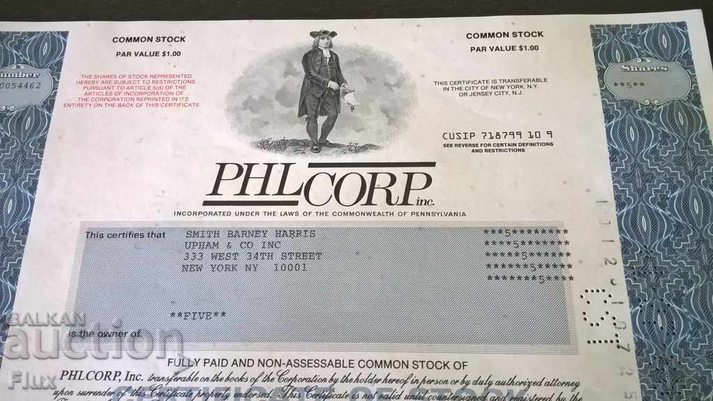 Share certificate Phil Corp INC. | 1987 with price 17.00 BGN | € 8.69 Share certificate Phil Corp INC. | 1987 with price 17.00 BGN | € 8.69