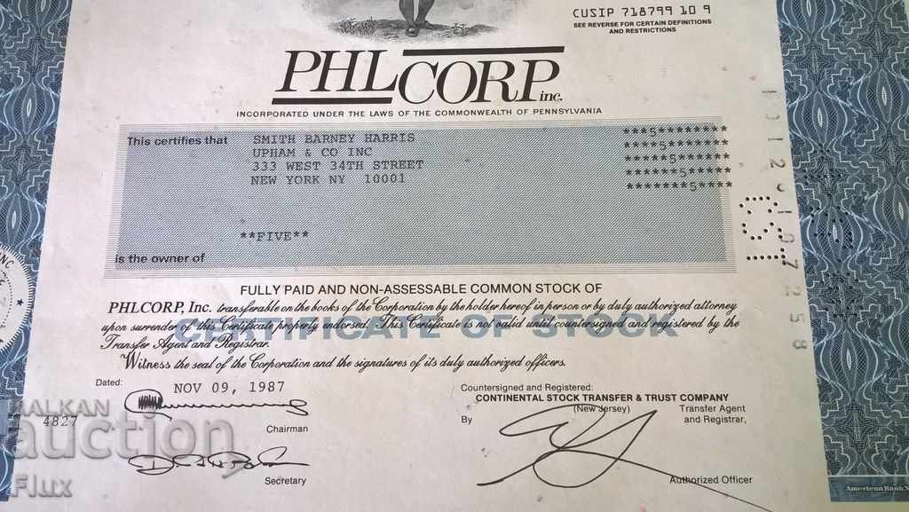 Auction Share certificate Phil Corp INC. | 1987 Auction Share certificate Phil Corp INC. | 1987
