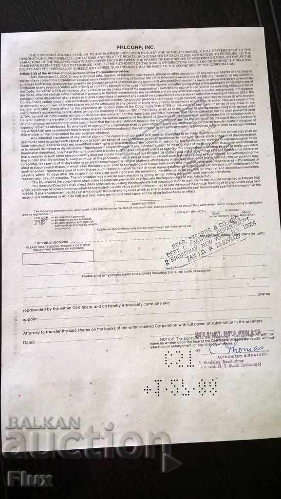 Delivery of Share certificate Phil Corp INC. | 1987 Delivery of Share certificate Phil Corp INC. | 1987